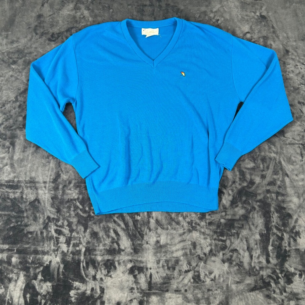 Arnold‎ Palmer V-Neck Sweater Mens Large Blue Acrylic Knit Umbrella Logo USA